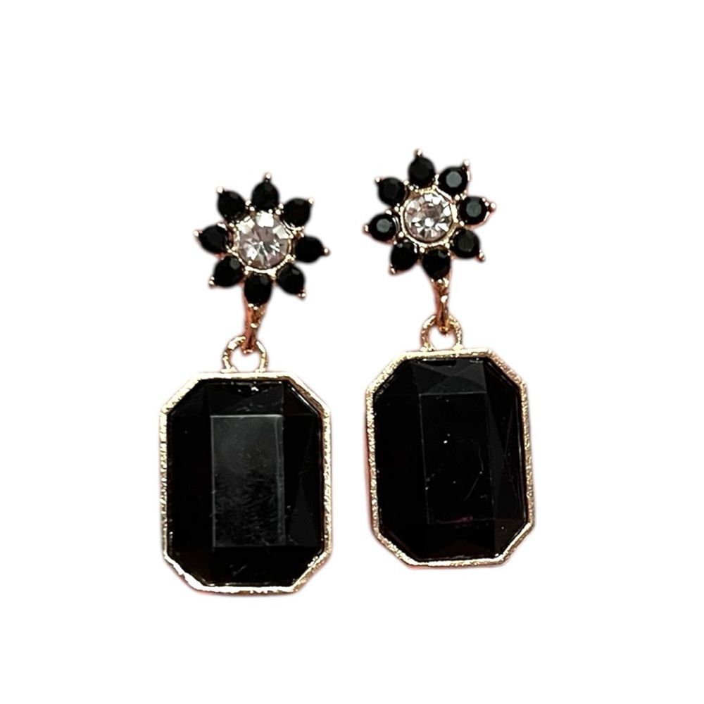 Elegant Black Rhinestone Flower Dangle Gold Tone Earrings